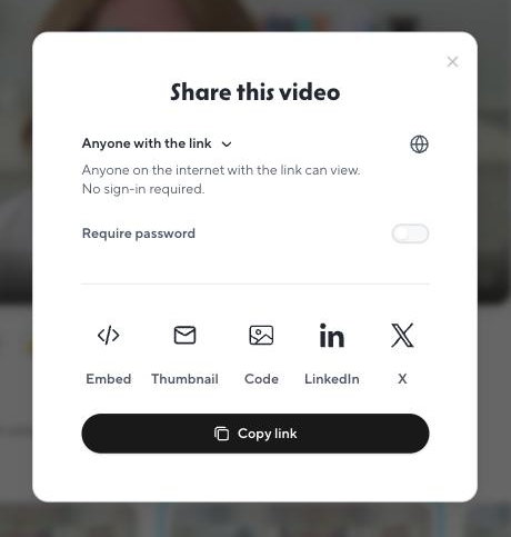 HeyGen's Share dialog, showing the link options, a password switch, and the Thumbnail button